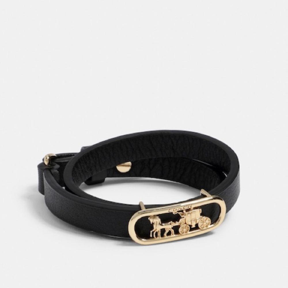 COACH Horse And Carriage Cut Out Bracelet in Gold/Black Leather